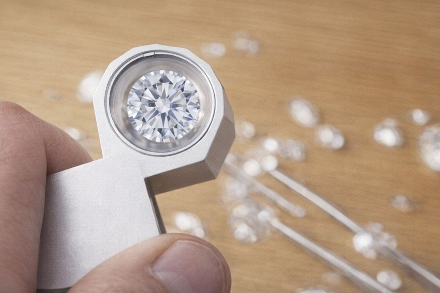 En person granskar en briljantslipad diamant genom en lupp för värdering.