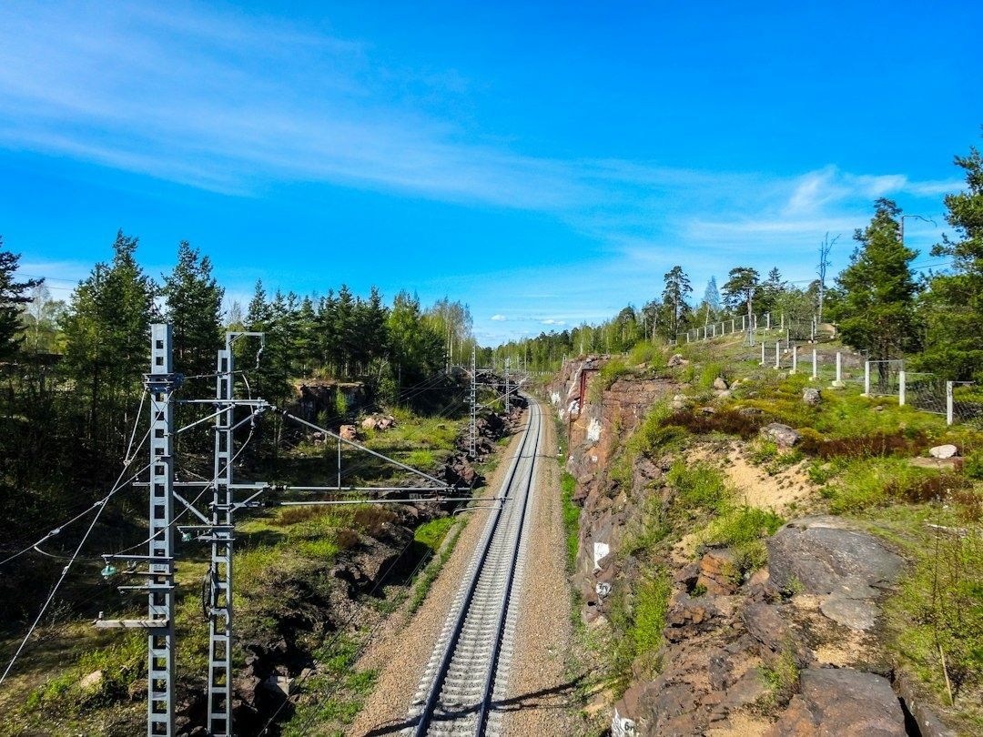 Elektrifierat järnvägsspår genom skog och svensk bergterräng