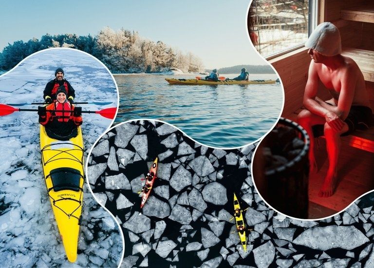 Kallkajak på is, vinterpaddling och person i varm bastu